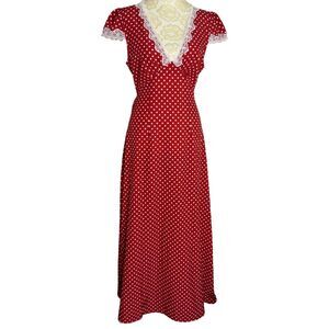 Rihoas Midi Dress Fit Flare Lace Polka Dot Cap Sleeve Red White S NWT